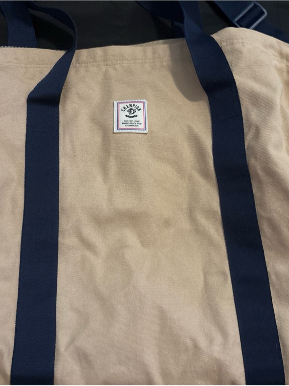 Champion Khaki Duffel with Navy Straps